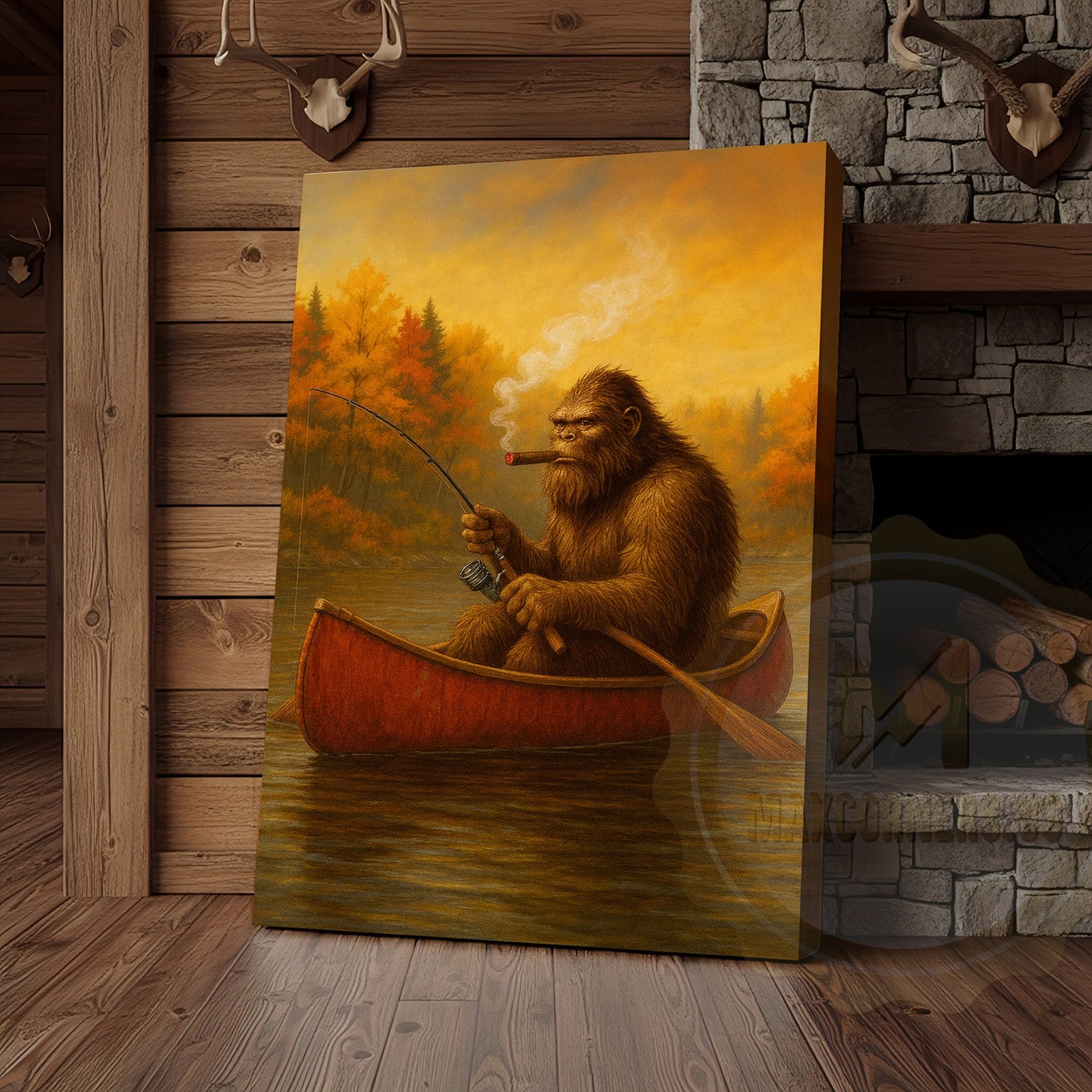Bigfoot Fishing with Cigar Autumn Lake Rustic Cabin Art Wrapped Canvas