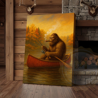 Bigfoot Fishing with Cigar Autumn Lake Rustic Cabin Art Wrapped Canvas