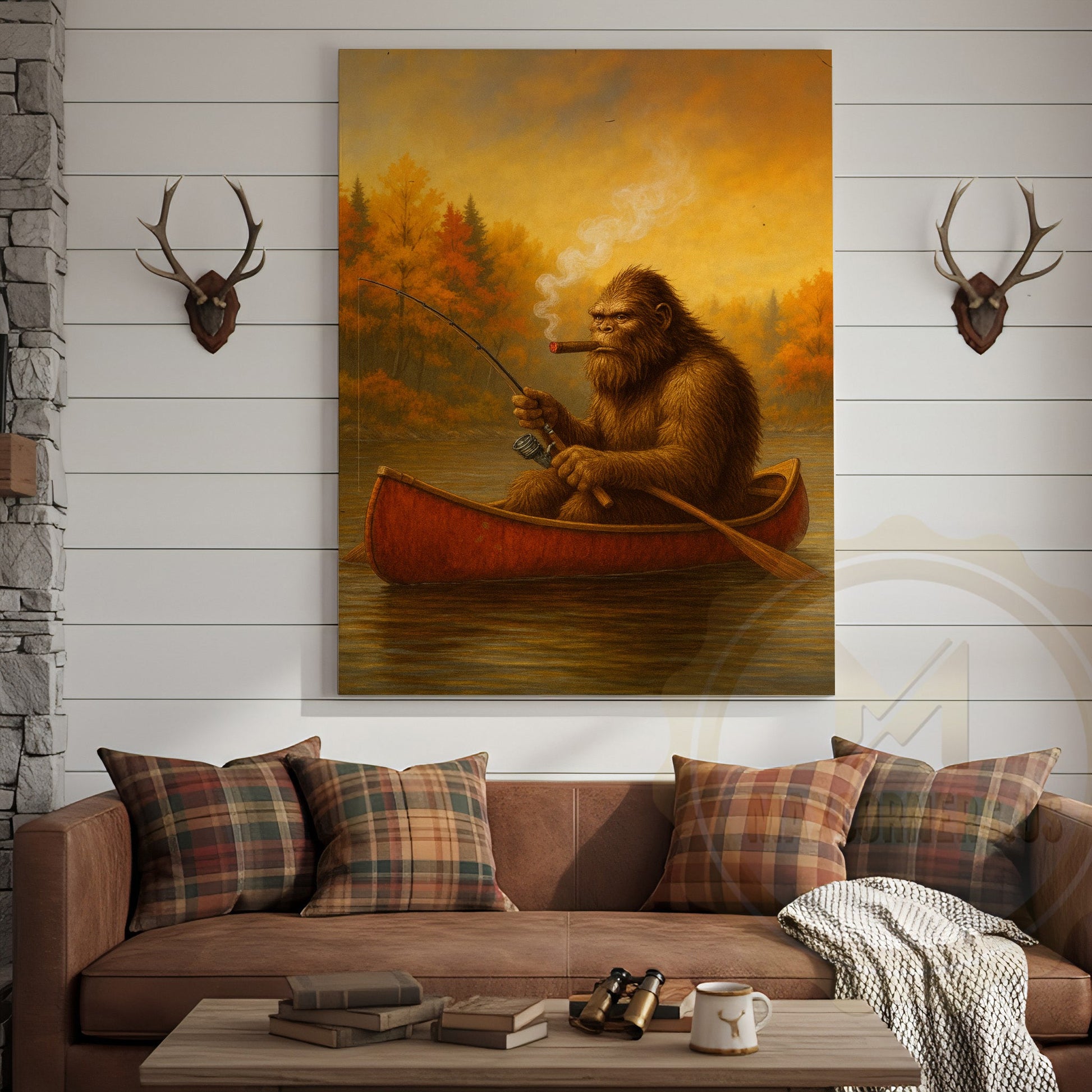 Bigfoot Fishing with Cigar Autumn Lake Rustic Cabin Art Wrapped Canvas