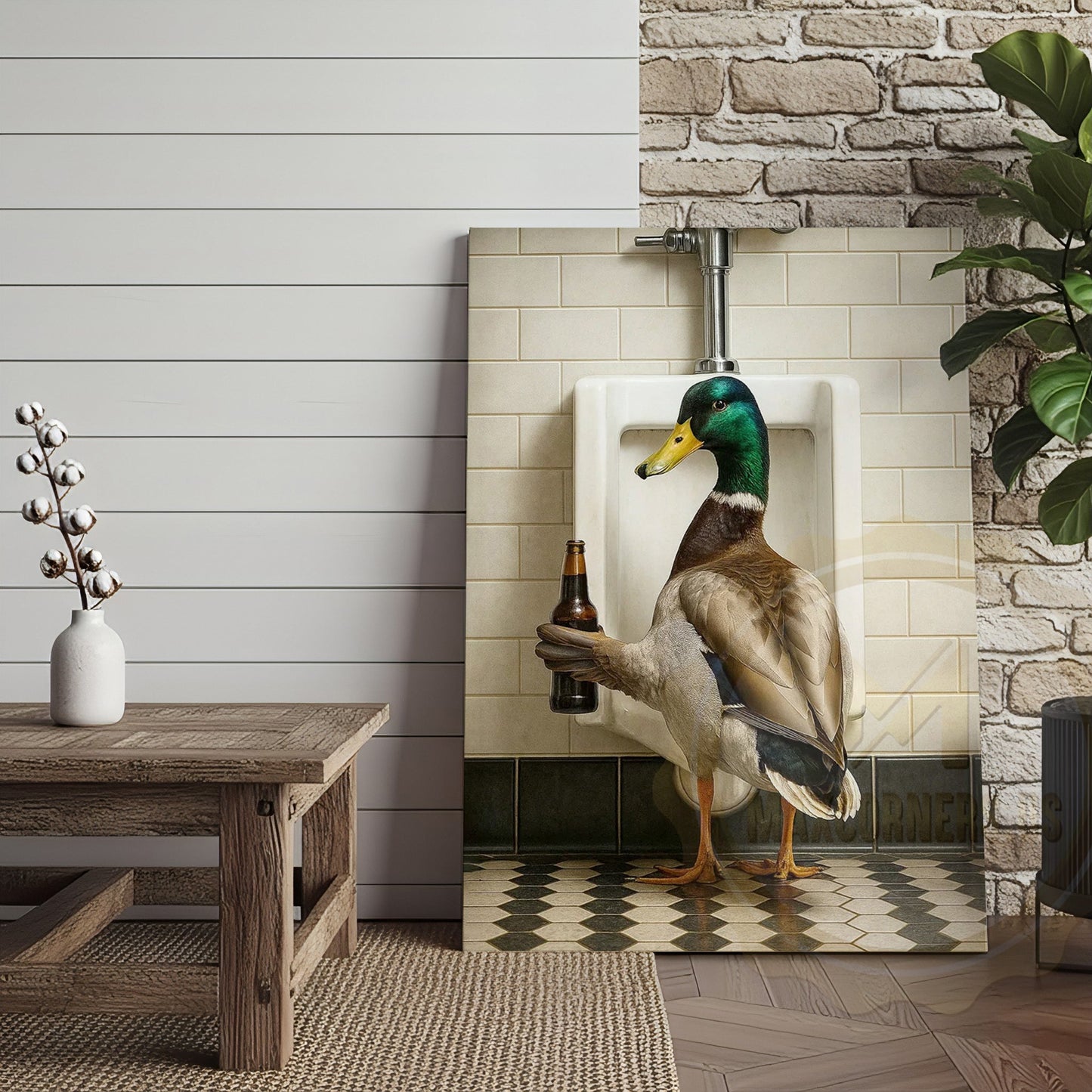 Funny Duck Holding Beer Bathroom Humor Rustic Art Wrapped Canvas