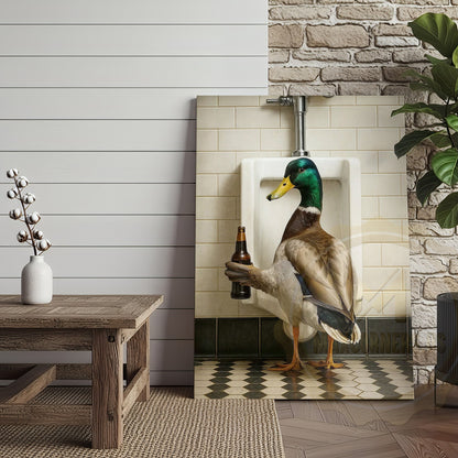 Funny Duck Holding Beer Bathroom Humor Rustic Art Wrapped Canvas