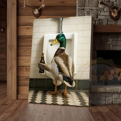 Funny Duck Holding Beer Bathroom Humor Rustic Art Wrapped Canvas