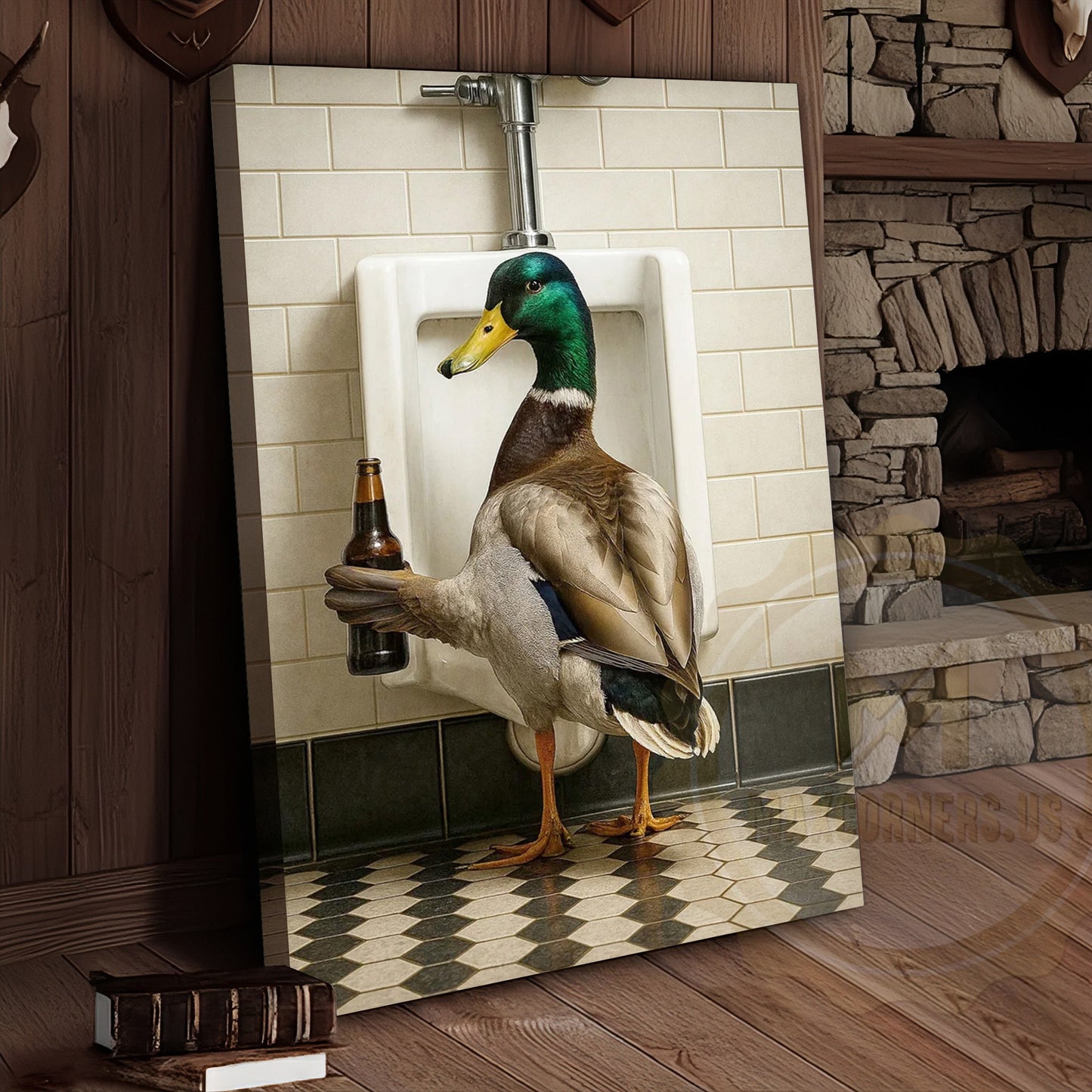 Funny Duck Holding Beer Bathroom Humor Rustic Art Wrapped Canvas