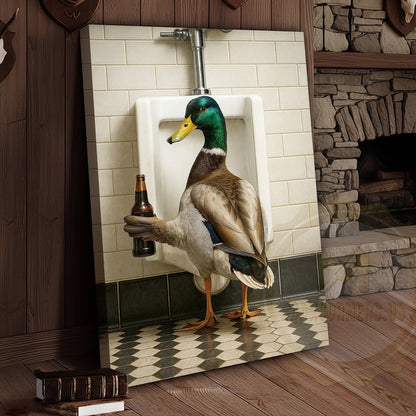 Funny Duck Holding Beer Bathroom Humor Rustic Art Wrapped Canvas