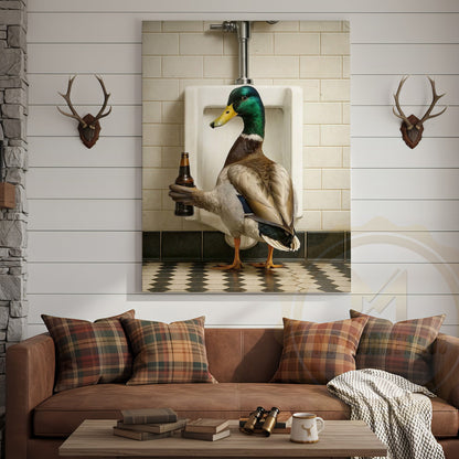 Funny Duck Holding Beer Bathroom Humor Rustic Art Wrapped Canvas