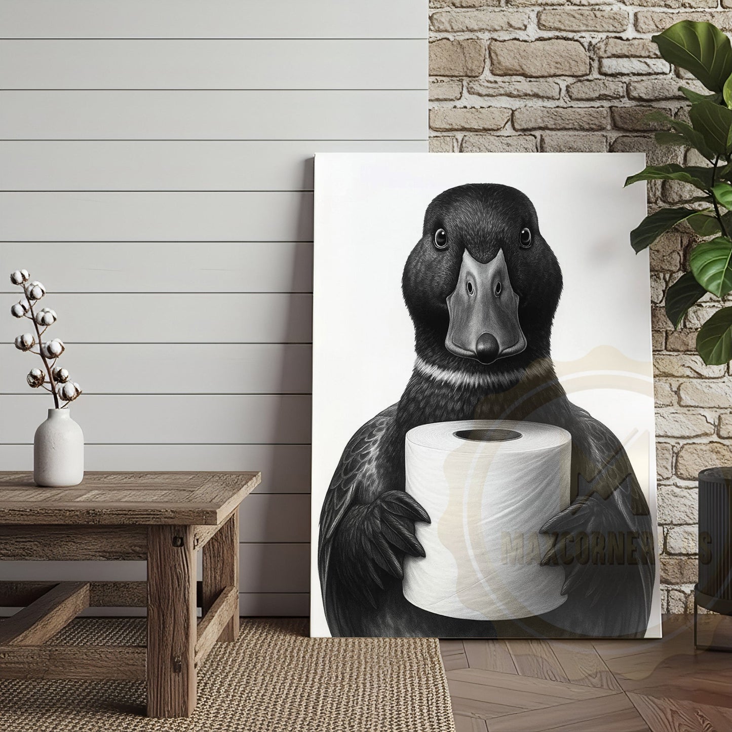 Black and White Duck with Toilet Paper Funny Bathroom Art Wrapped Canvas