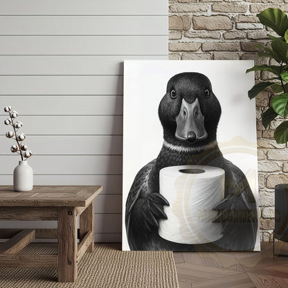 Black and White Duck with Toilet Paper Funny Bathroom Art Wrapped Canvas