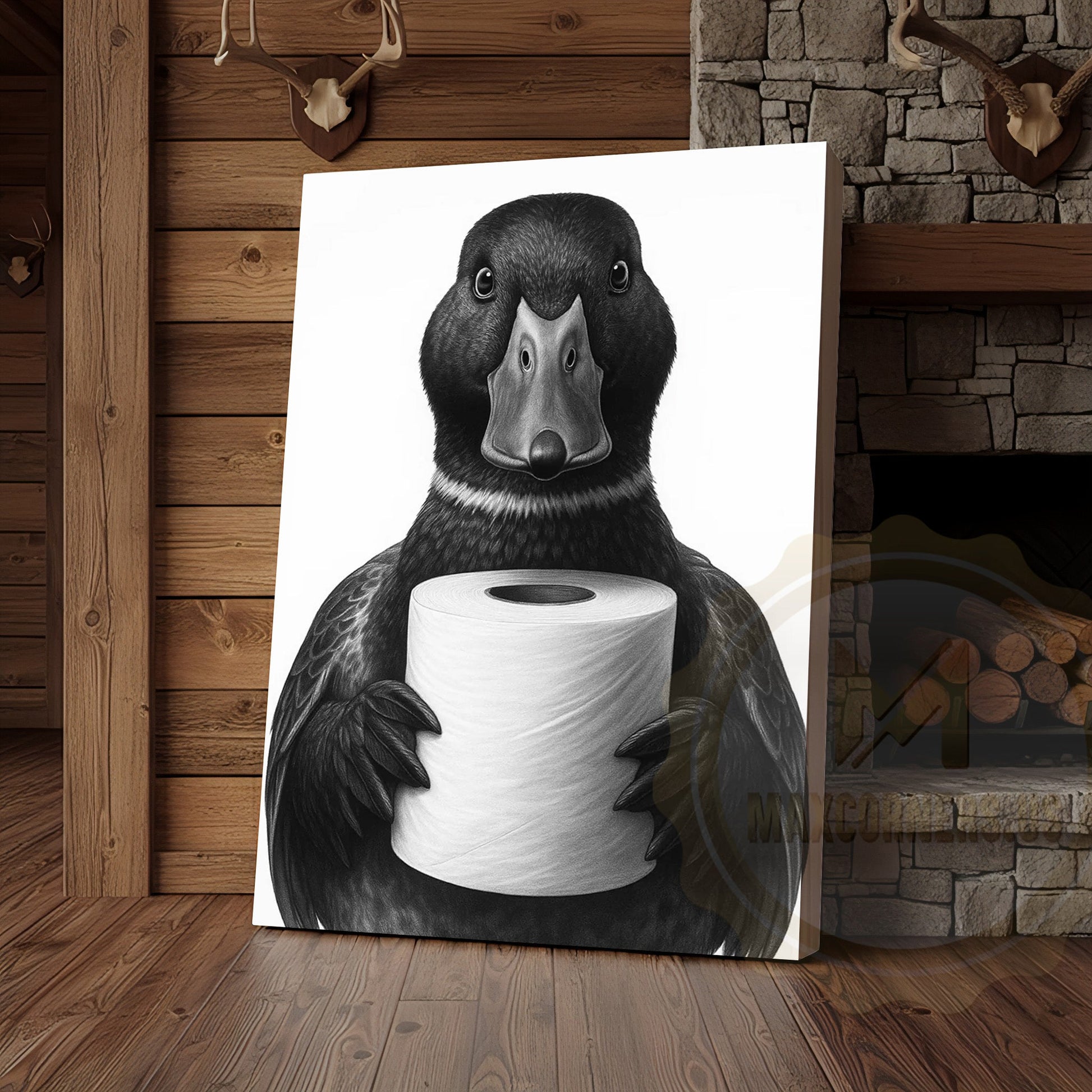 Black and White Duck with Toilet Paper Funny Bathroom Art Wrapped Canvas