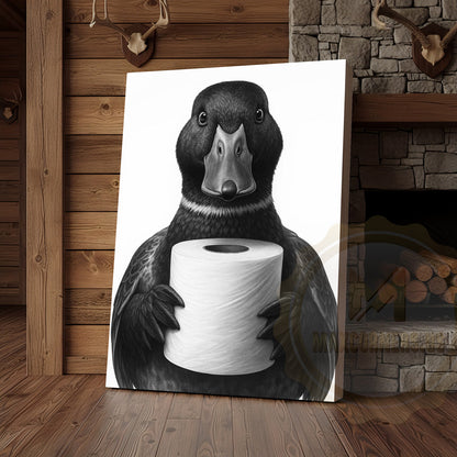 Black and White Duck with Toilet Paper Funny Bathroom Art Wrapped Canvas