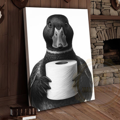 Black and White Duck with Toilet Paper Funny Bathroom Art Wrapped Canvas