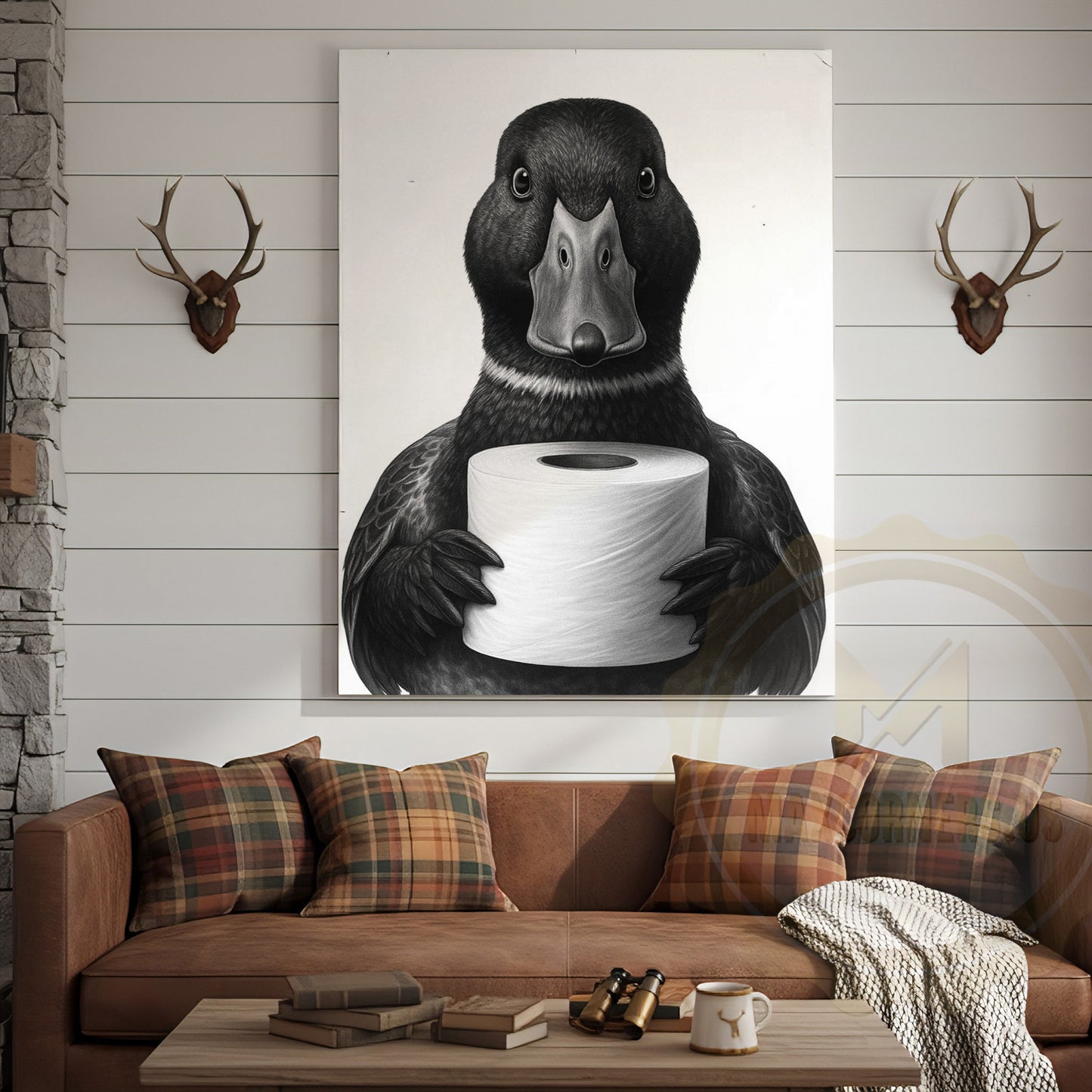 Black and White Duck with Toilet Paper Funny Bathroom Art Wrapped Canvas