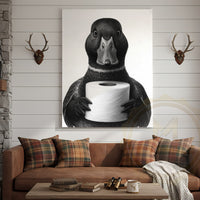 Black and White Duck with Toilet Paper Funny Bathroom Art Wrapped Canvas