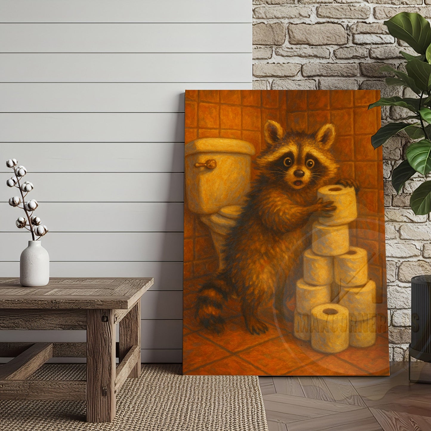 Raccoon Stealing Toilet Paper Funny Bathroom Humor Art Wrapped Canvas