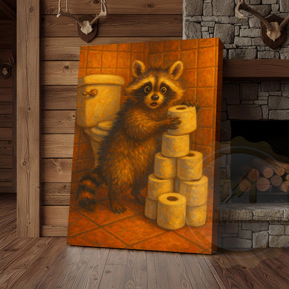 Raccoon Stealing Toilet Paper Funny Bathroom Humor Art Wrapped Canvas