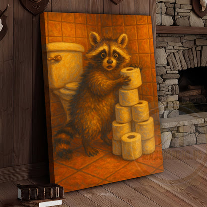 Raccoon Stealing Toilet Paper Funny Bathroom Humor Art Wrapped Canvas