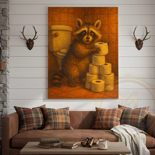 Raccoon Stealing Toilet Paper Funny Bathroom Humor Art Wrapped Canvas