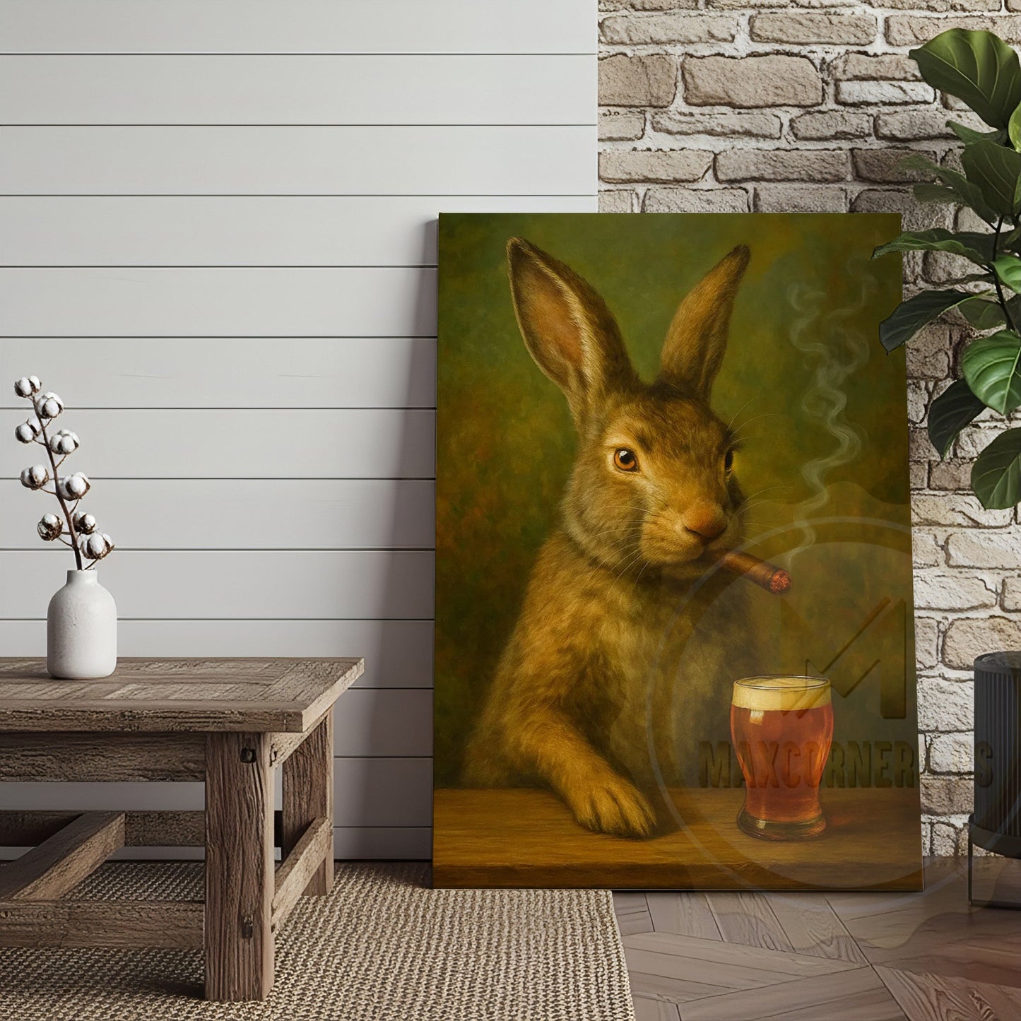 Rabbit Smoking Cigar with Beer Rustic Bar Art Wrapped Canvas