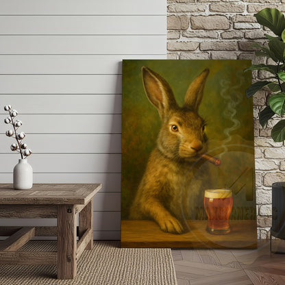 Rabbit Smoking Cigar with Beer Rustic Bar Art Wrapped Canvas