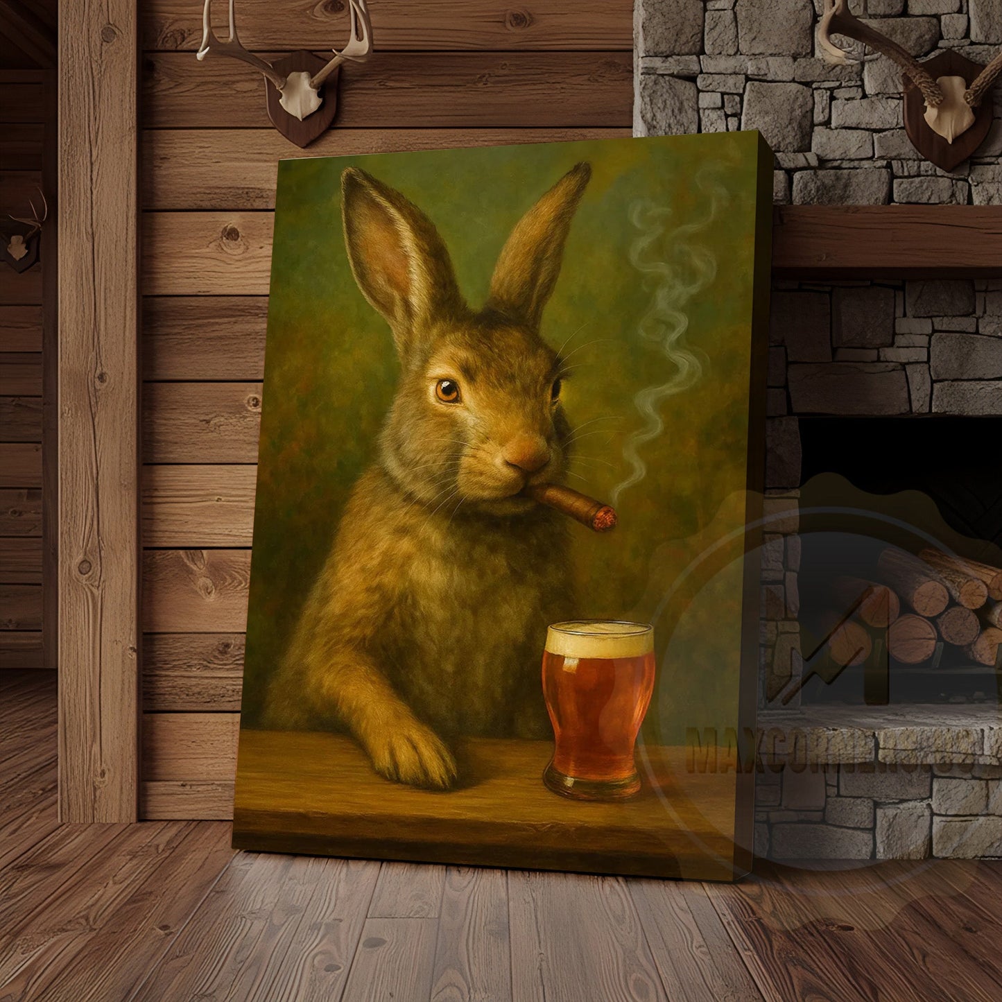 Rabbit Smoking Cigar with Beer Rustic Bar Art Wrapped Canvas