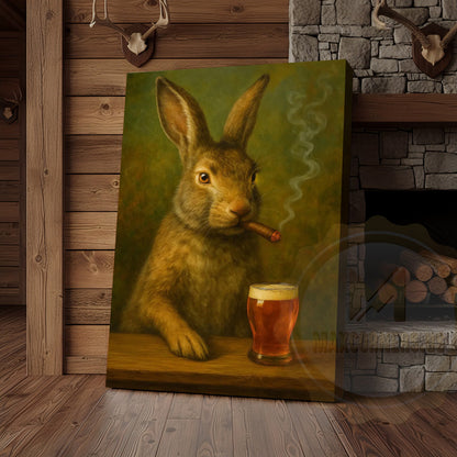 Rabbit Smoking Cigar with Beer Rustic Bar Art Wrapped Canvas