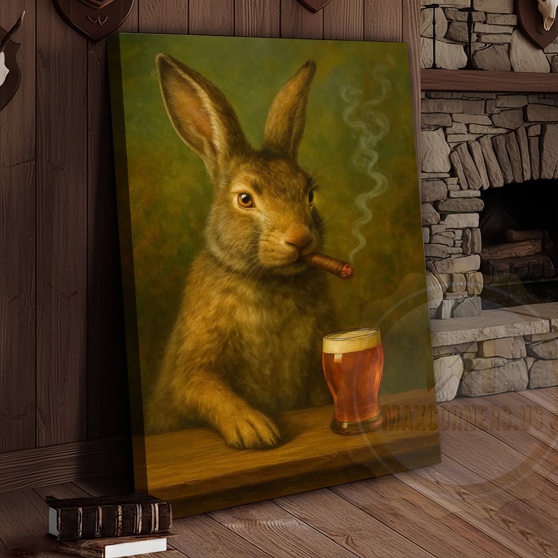 Rabbit Smoking Cigar with Beer Rustic Bar Art Wrapped Canvas
