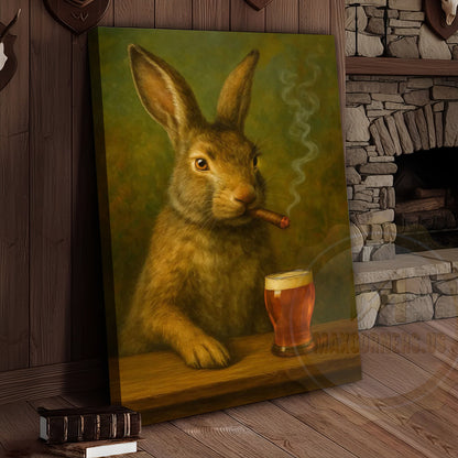 Rabbit Smoking Cigar with Beer Rustic Bar Art Wrapped Canvas