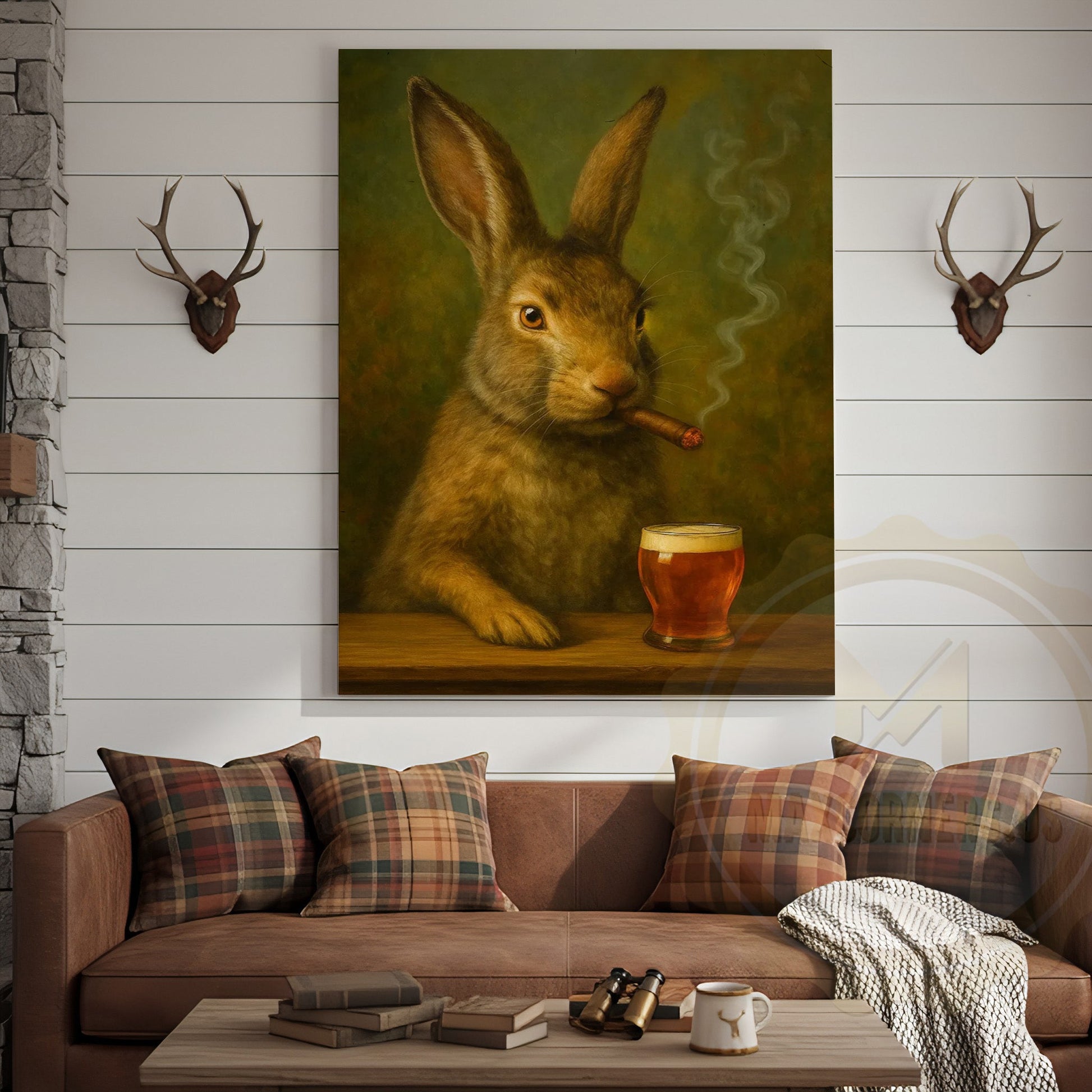 Rabbit Smoking Cigar with Beer Rustic Bar Art Wrapped Canvas