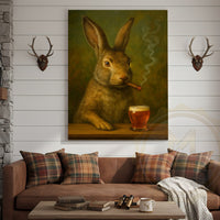 Rabbit Smoking Cigar with Beer Rustic Bar Art Wrapped Canvas