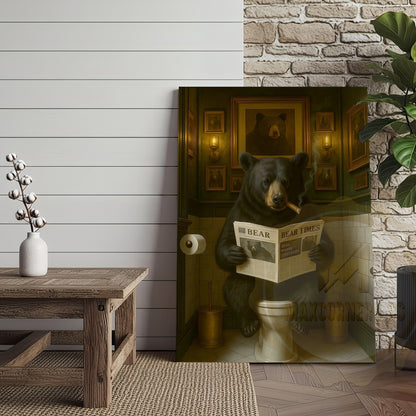 Black Bear Reading Newspaper Bathroom Humor Rustic Art Wrapped Canvas