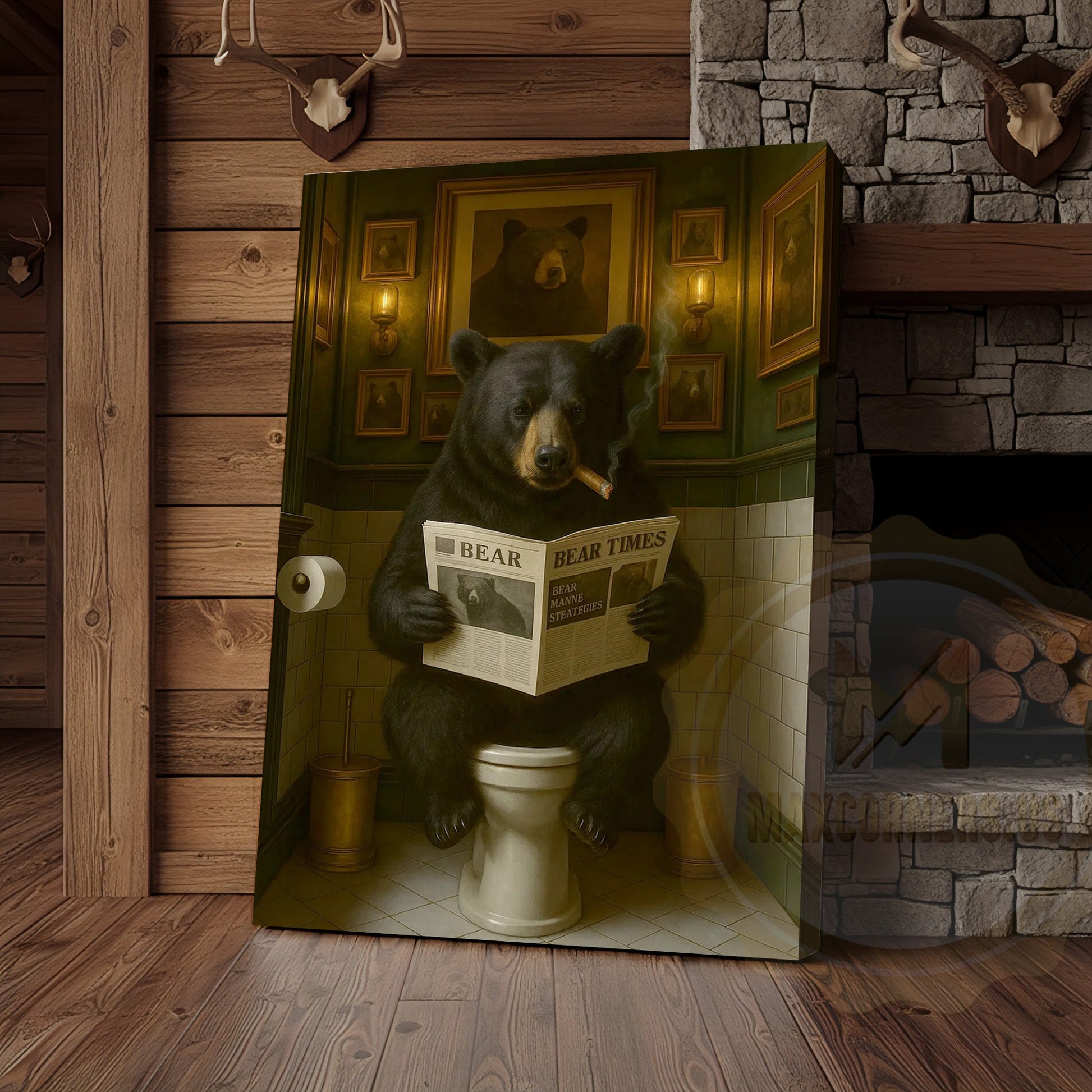 Black Bear Reading Newspaper Bathroom Humor Rustic Art Wrapped Canvas