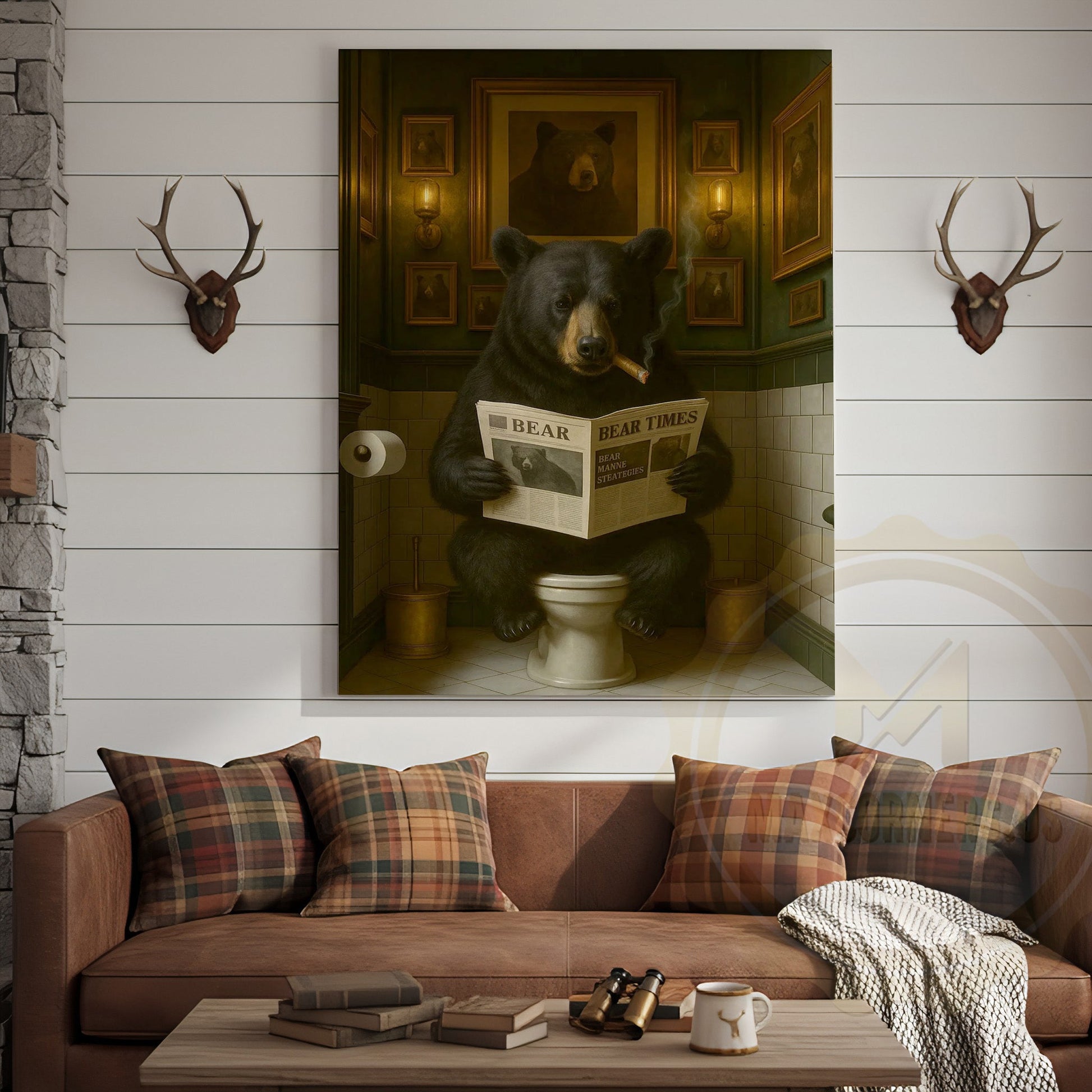 Black Bear Reading Newspaper Bathroom Humor Rustic Art Wrapped Canvas