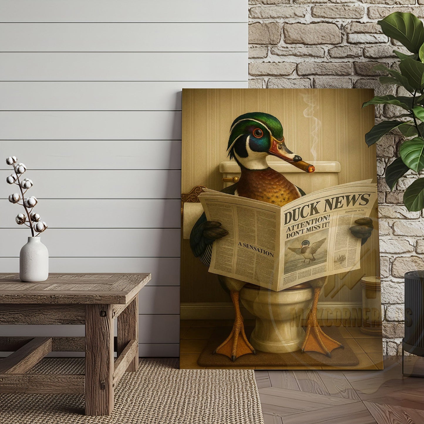 Duck Reading Newspaper Funny Bathroom Humor Art Wrapped Canvas