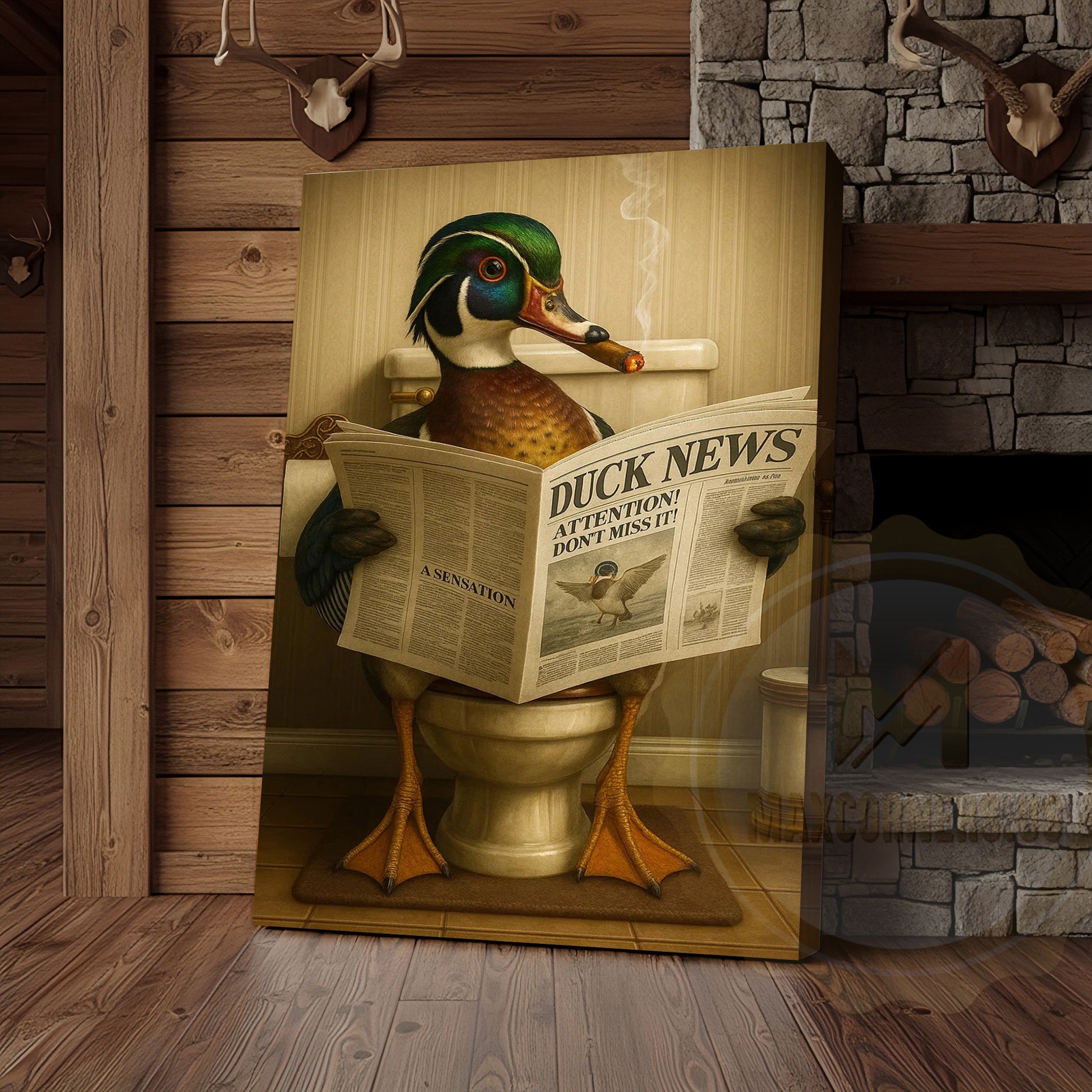 Duck Reading Newspaper Funny Bathroom Humor Art Wrapped Canvas