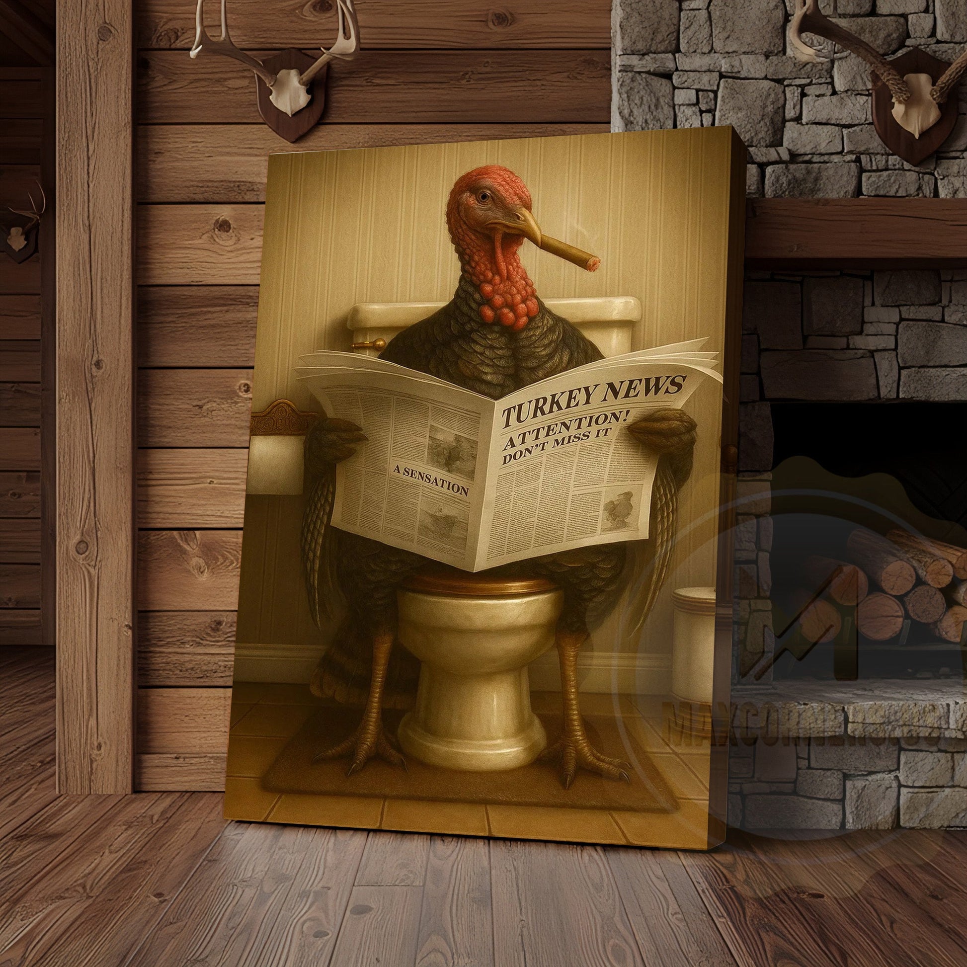 Turkey Reading Newspaper Funny Bathroom Humor Rustic Art Wrapped Canvas