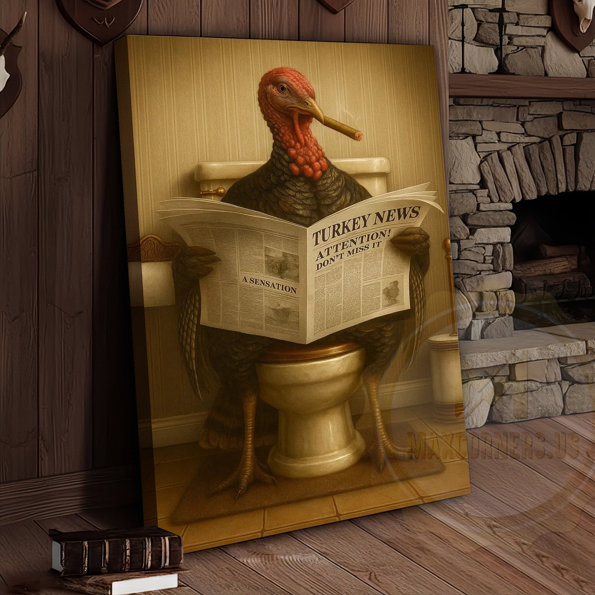 Turkey Reading Newspaper Funny Bathroom Humor Rustic Art Wrapped Canvas