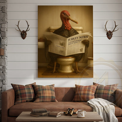 Turkey Reading Newspaper Funny Bathroom Humor Rustic Art Wrapped Canvas