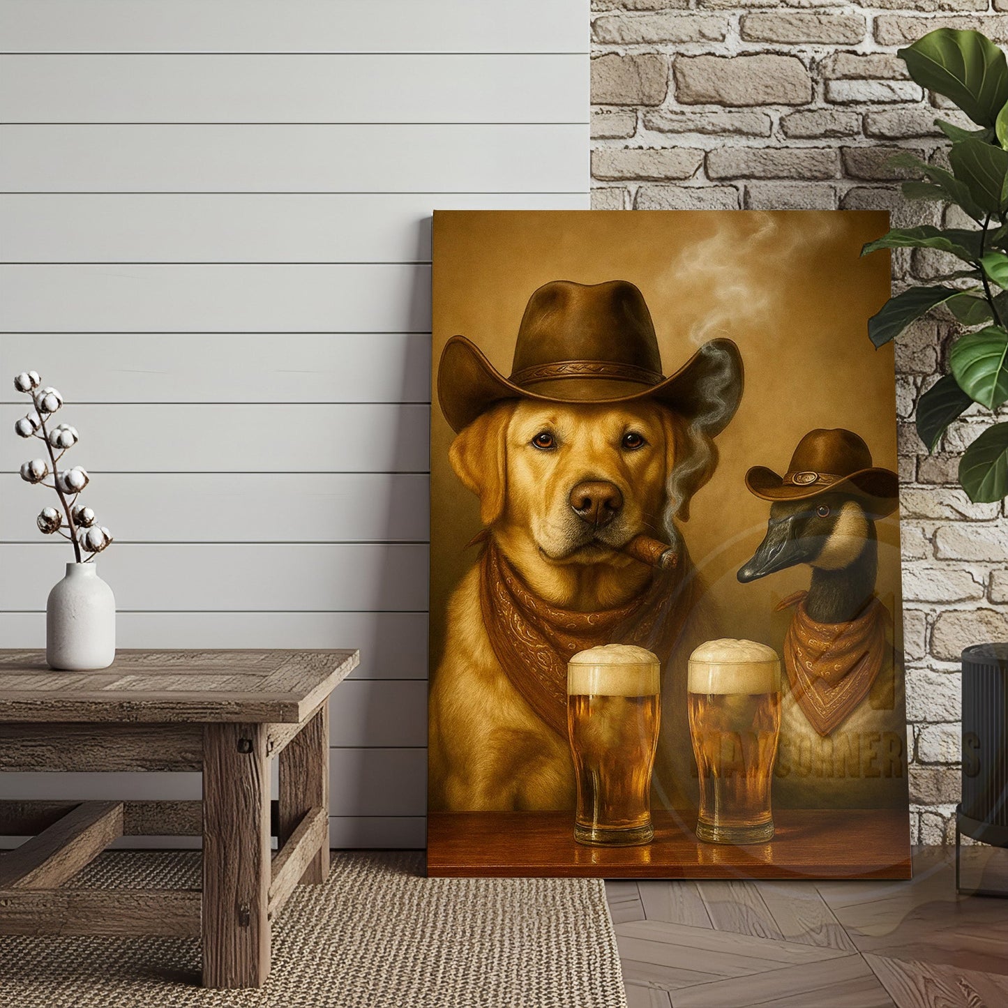 Cowboy Dog and Duck Drinking Beer Western Bar Art Wrapped Canvas