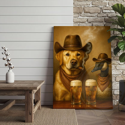 Cowboy Dog and Duck Drinking Beer Western Bar Art Wrapped Canvas