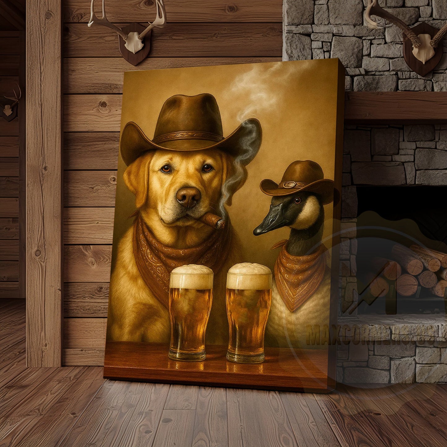 Cowboy Dog and Duck Drinking Beer Western Bar Art Wrapped Canvas