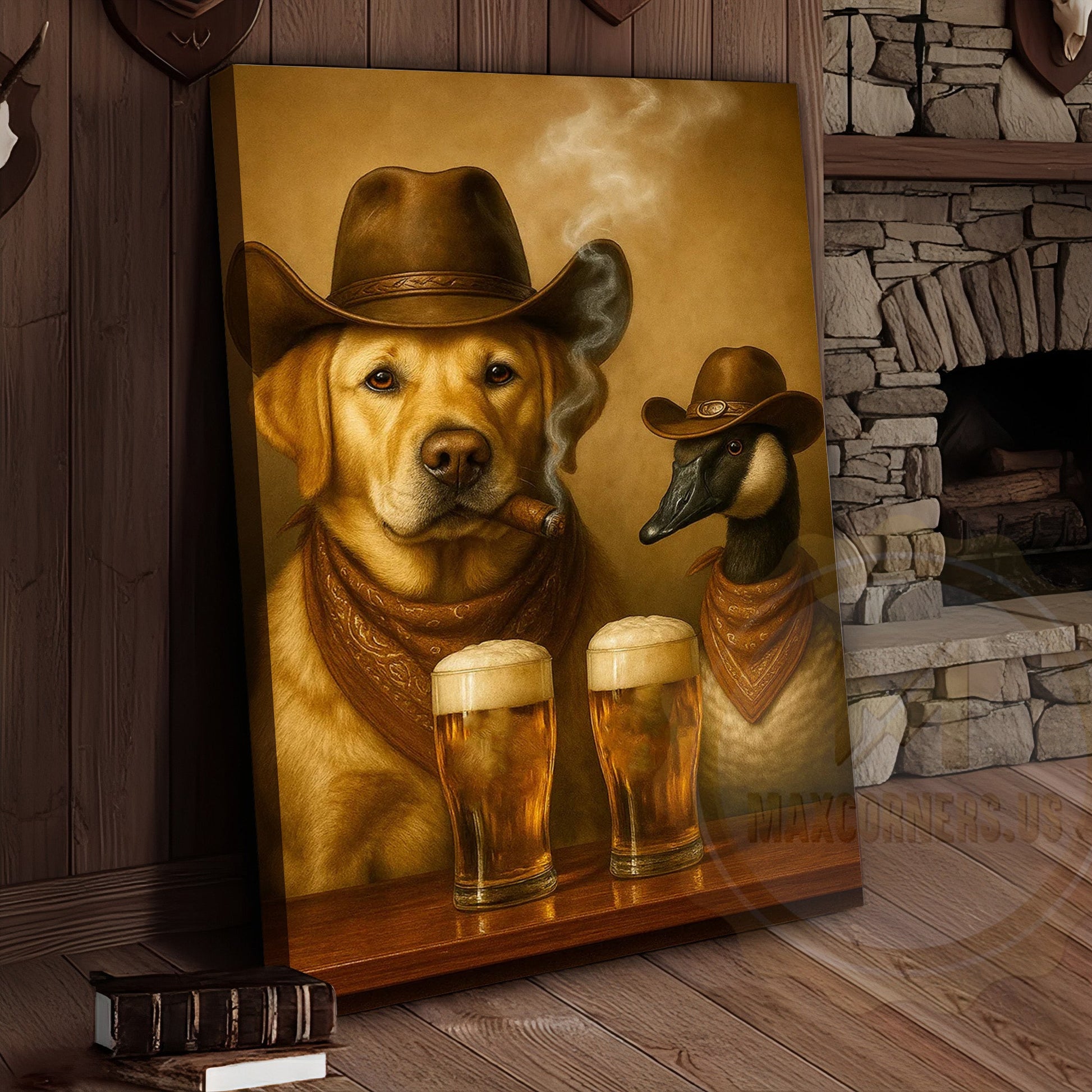 Cowboy Dog and Duck Drinking Beer Western Bar Art Wrapped Canvas