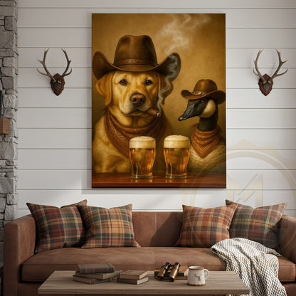 Cowboy Dog and Duck Drinking Beer Western Bar Art Wrapped Canvas