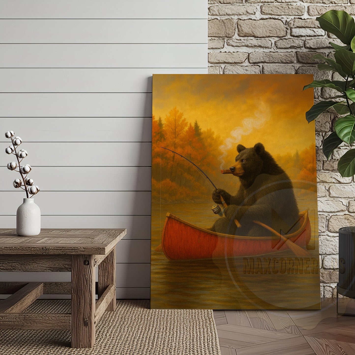 Bear Fishing with Cigar Autumn Lake Rustic Cabin Art Wrapped Canvas