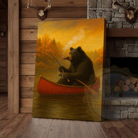 Bear Fishing with Cigar Autumn Lake Rustic Cabin Art Wrapped Canvas