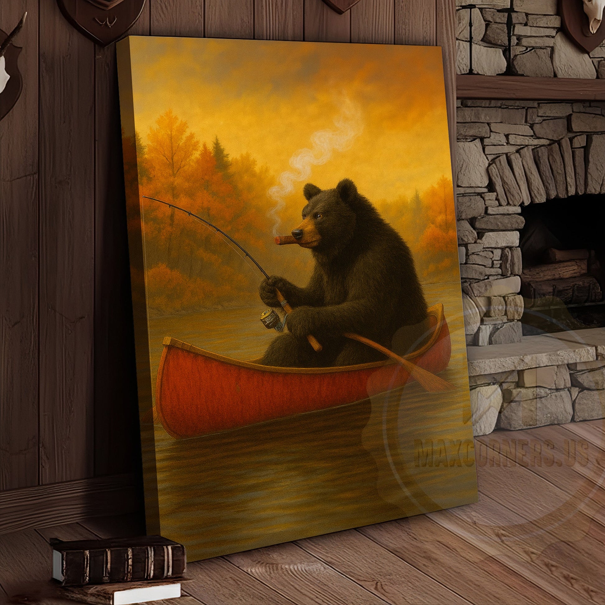 Bear Fishing with Cigar Autumn Lake Rustic Cabin Art Wrapped Canvas