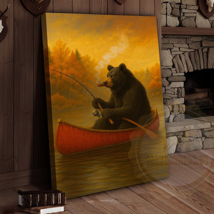 Bear Fishing with Cigar Autumn Lake Rustic Cabin Art Wrapped Canvas