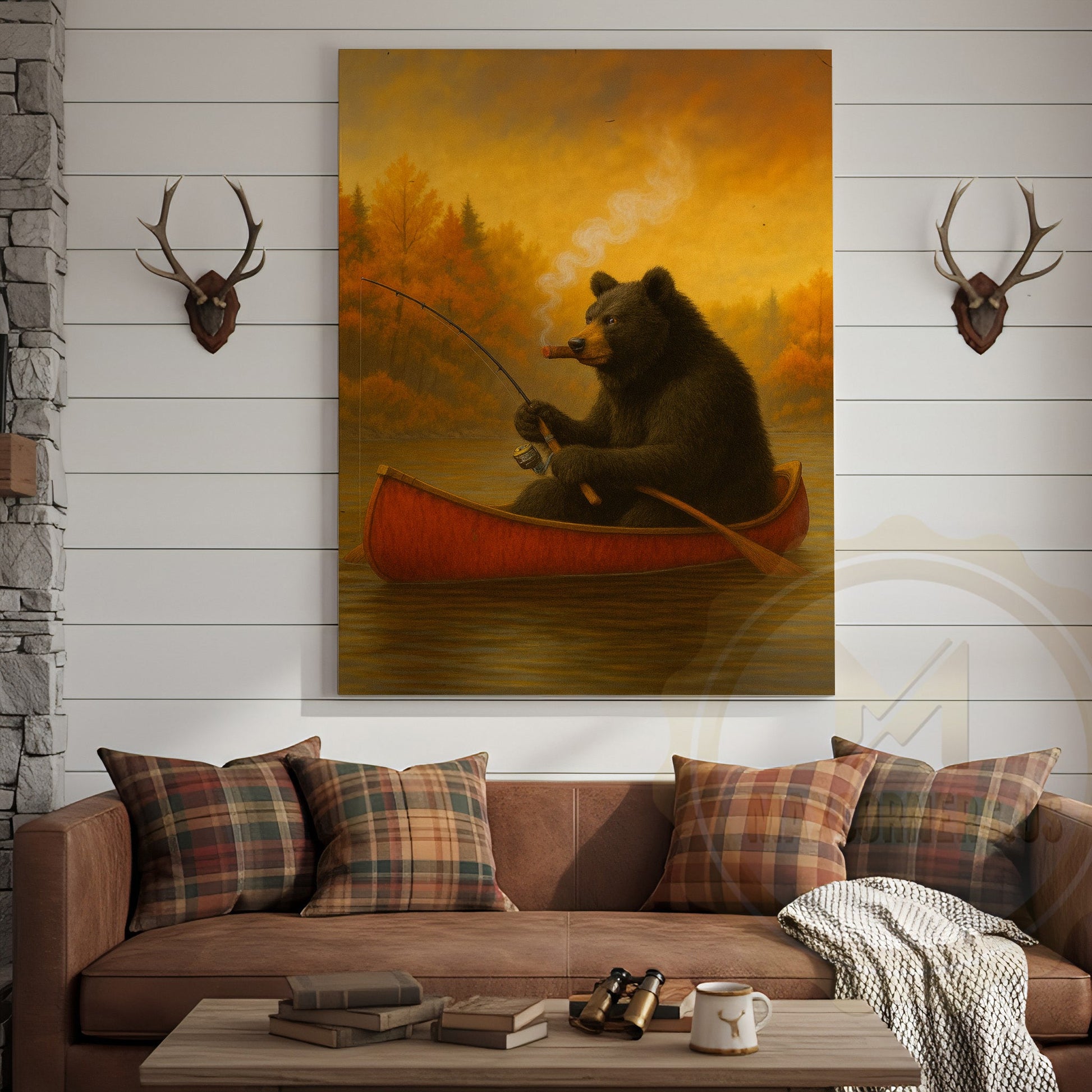 Bear Fishing with Cigar Autumn Lake Rustic Cabin Art Wrapped Canvas