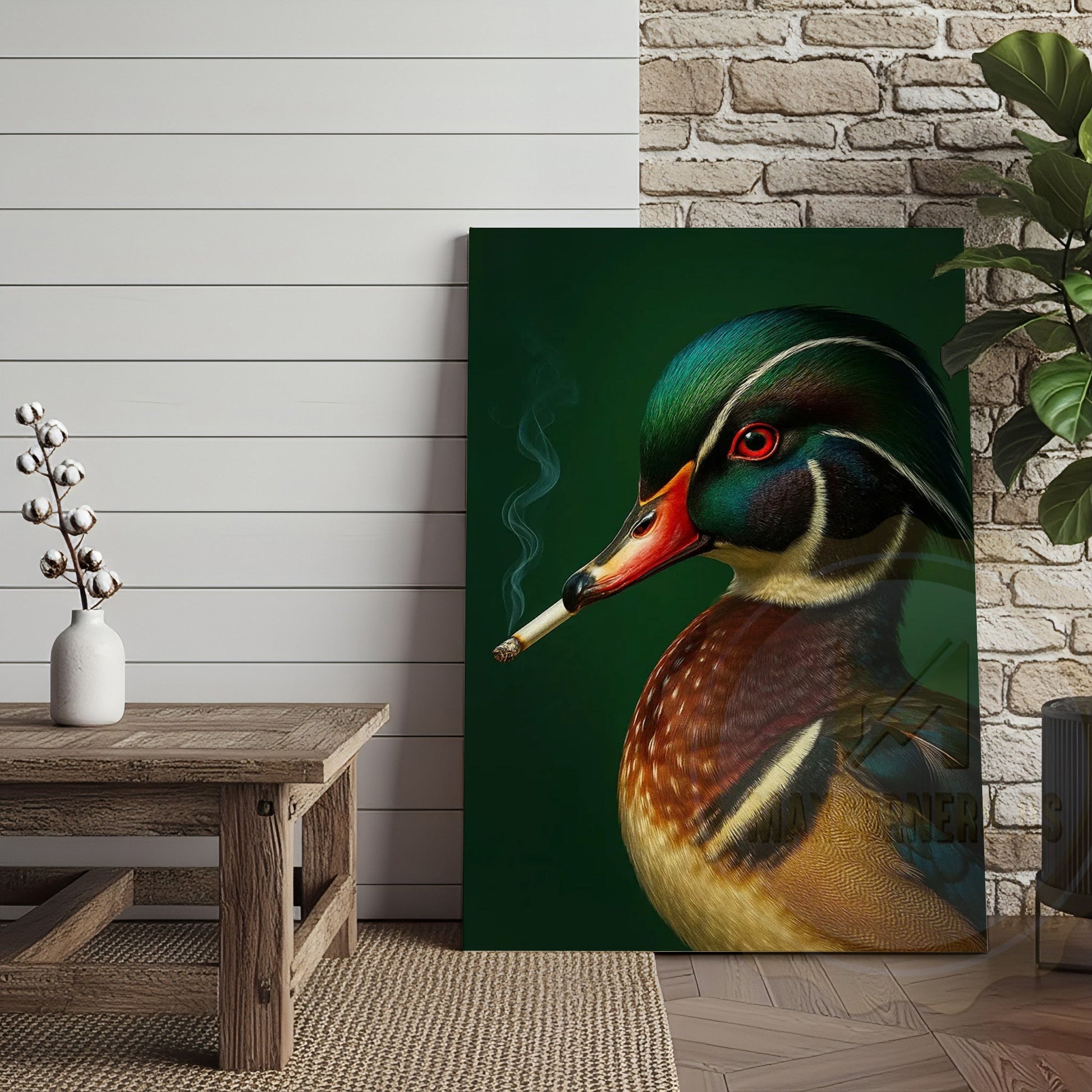 Smoking Duck Portrait Rustic Farmhouse Art Wrapped Canvas