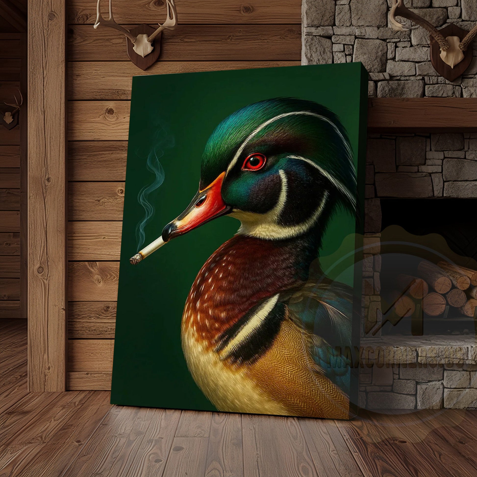 Smoking Duck Portrait Rustic Farmhouse Art Wrapped Canvas
