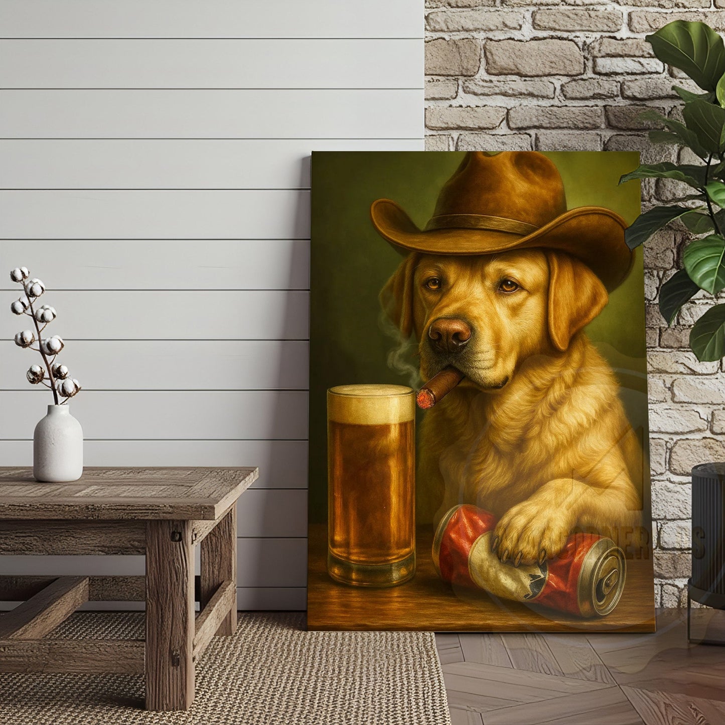 Cowboy Dog Smoking Cigar with Beer Rustic Western Bar Art Wrapped Canvas