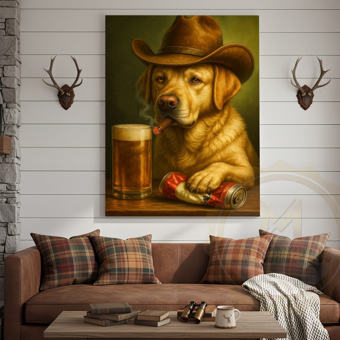 Cowboy Dog Smoking Cigar with Beer Rustic Western Bar Art Wrapped Canvas